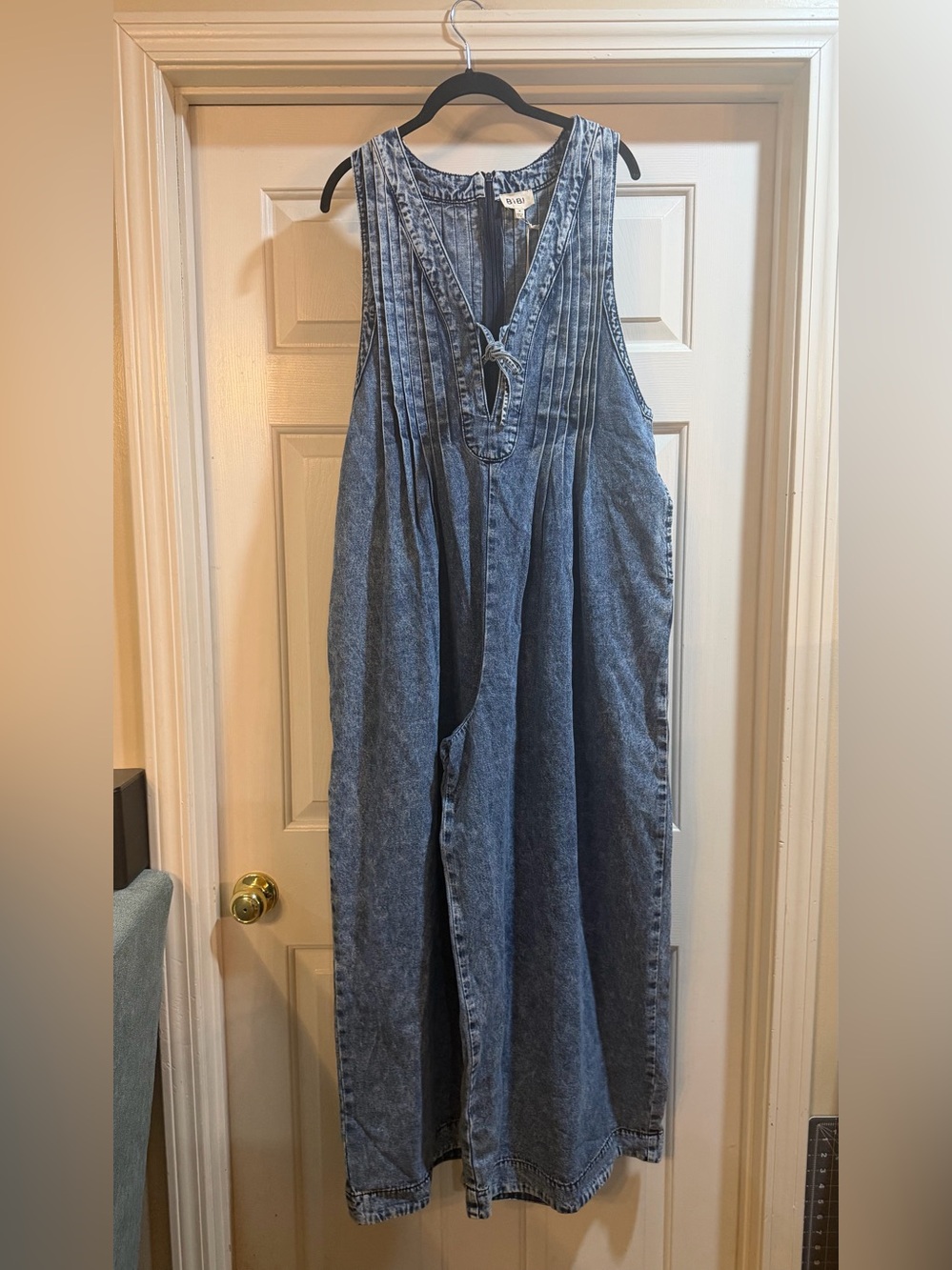 BiBi Light Blue Washed Denim Jumpsuit with Pintuck Bodice NWT
